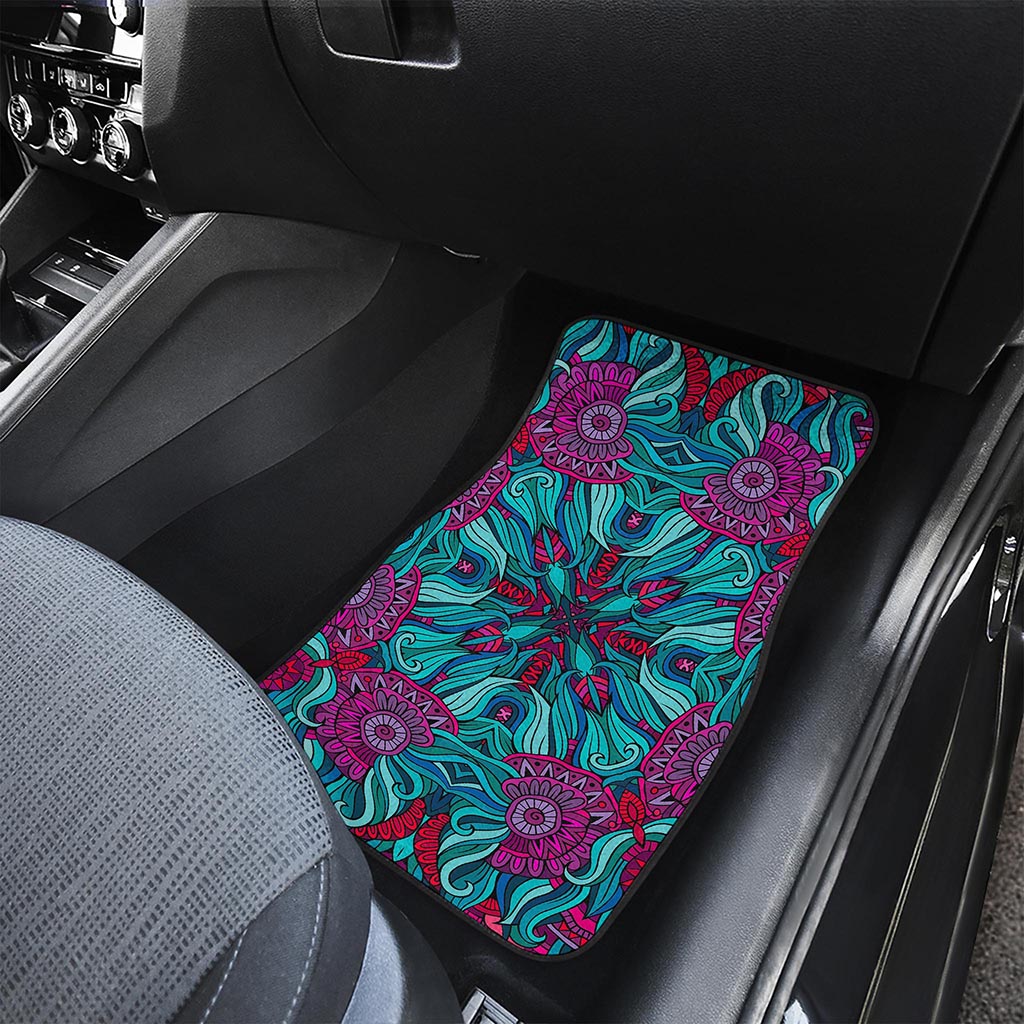 Ethnic Teal Bohemian Pattern Print Front and Back Car Floor Mats