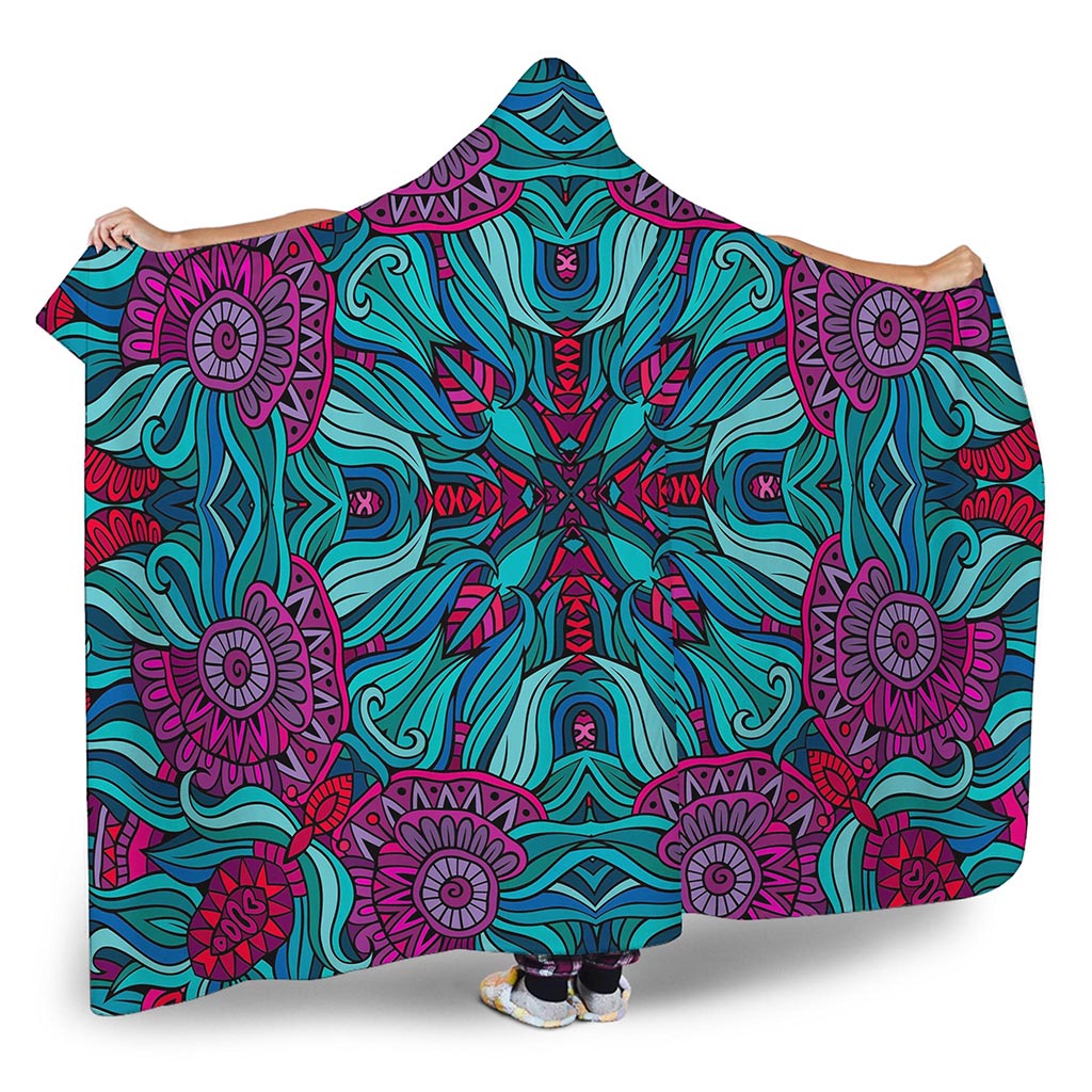 Ethnic Teal Bohemian Pattern Print Hooded Blanket