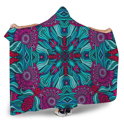 Ethnic Teal Bohemian Pattern Print Hooded Blanket