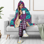 Ethnic Teal Bohemian Pattern Print Hooded Blanket