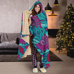Ethnic Teal Bohemian Pattern Print Hooded Blanket