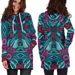 Ethnic Teal Bohemian Pattern Print Hoodie Dress GearFrost