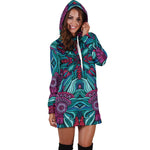 Ethnic Teal Bohemian Pattern Print Hoodie Dress GearFrost