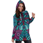 Ethnic Teal Bohemian Pattern Print Hoodie Dress GearFrost