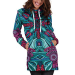 Ethnic Teal Bohemian Pattern Print Hoodie Dress GearFrost