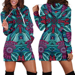 Ethnic Teal Bohemian Pattern Print Hoodie Dress GearFrost