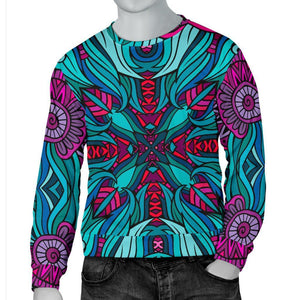 Ethnic Teal Bohemian Pattern Print Men's Crewneck Sweatshirt GearFrost