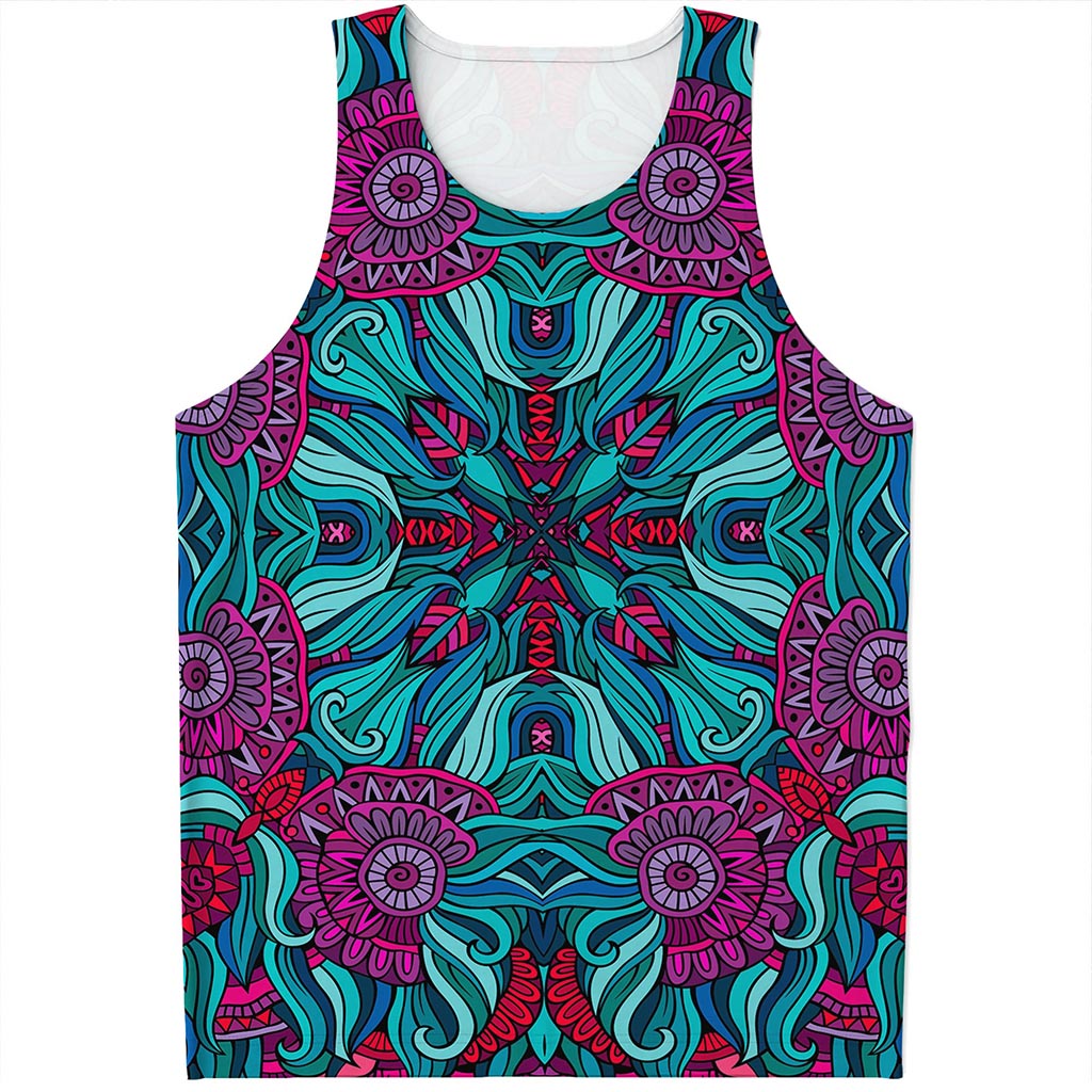 Ethnic Teal Bohemian Pattern Print Men's Tank Top