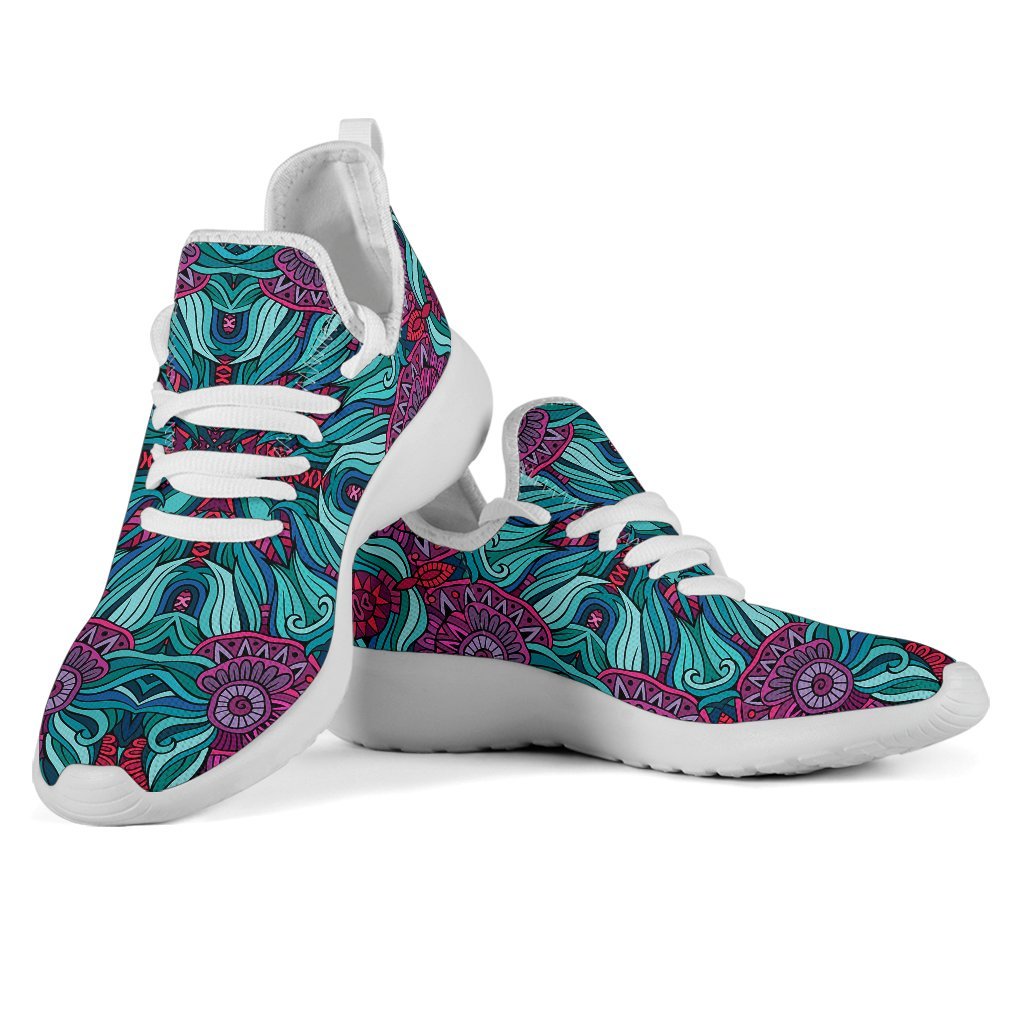 Ethnic Teal Bohemian Pattern Print Mesh Knit Shoes GearFrost