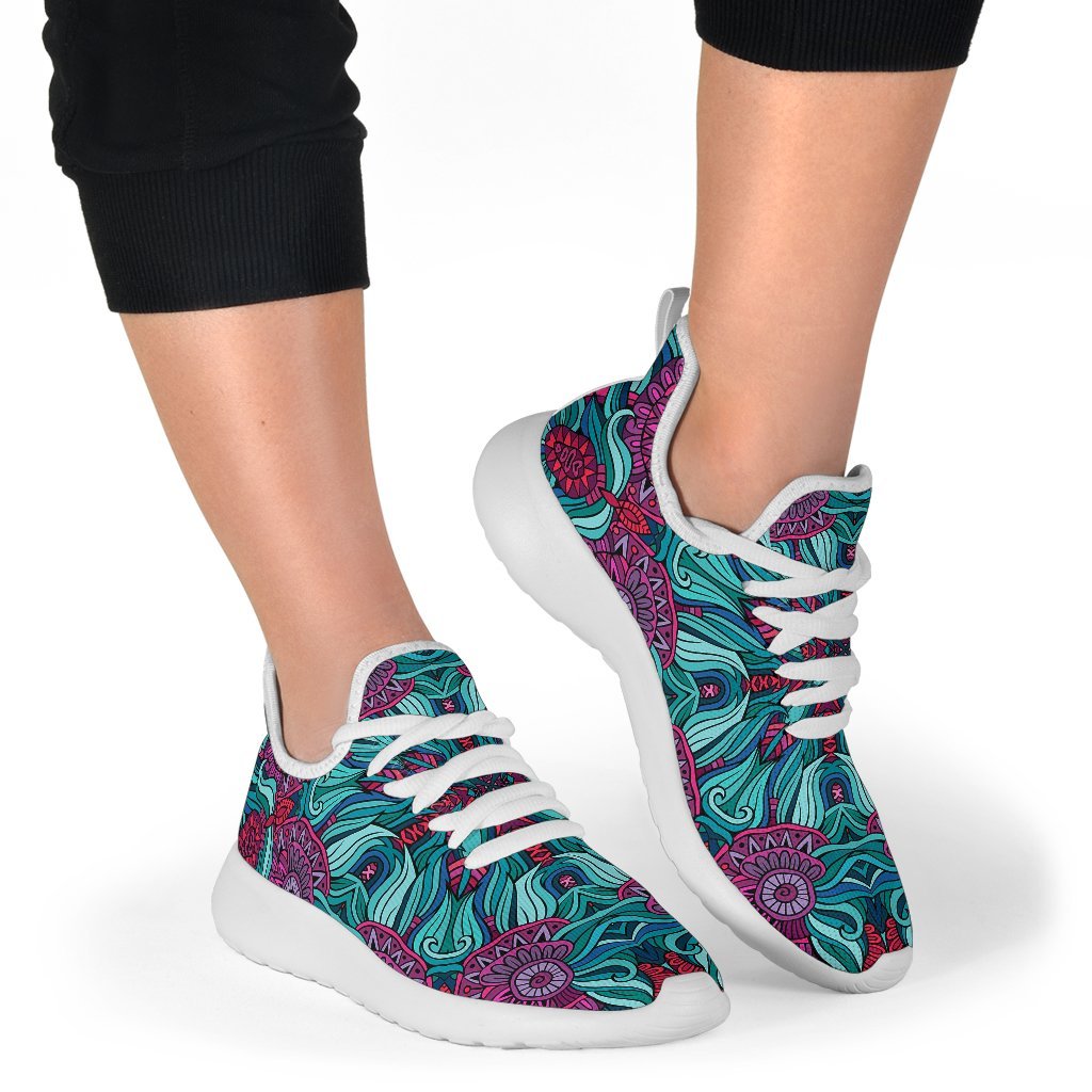 Ethnic Teal Bohemian Pattern Print Mesh Knit Shoes GearFrost
