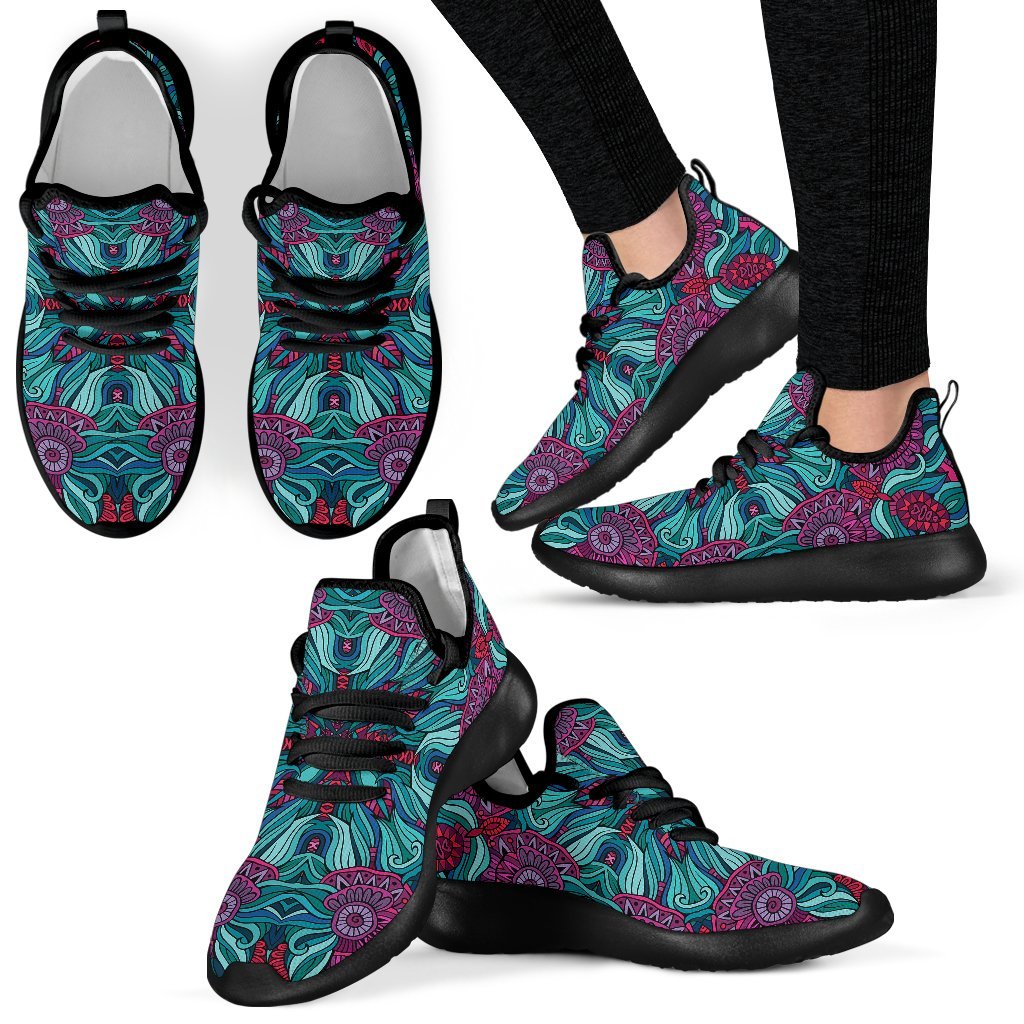 Ethnic Teal Bohemian Pattern Print Mesh Knit Shoes GearFrost