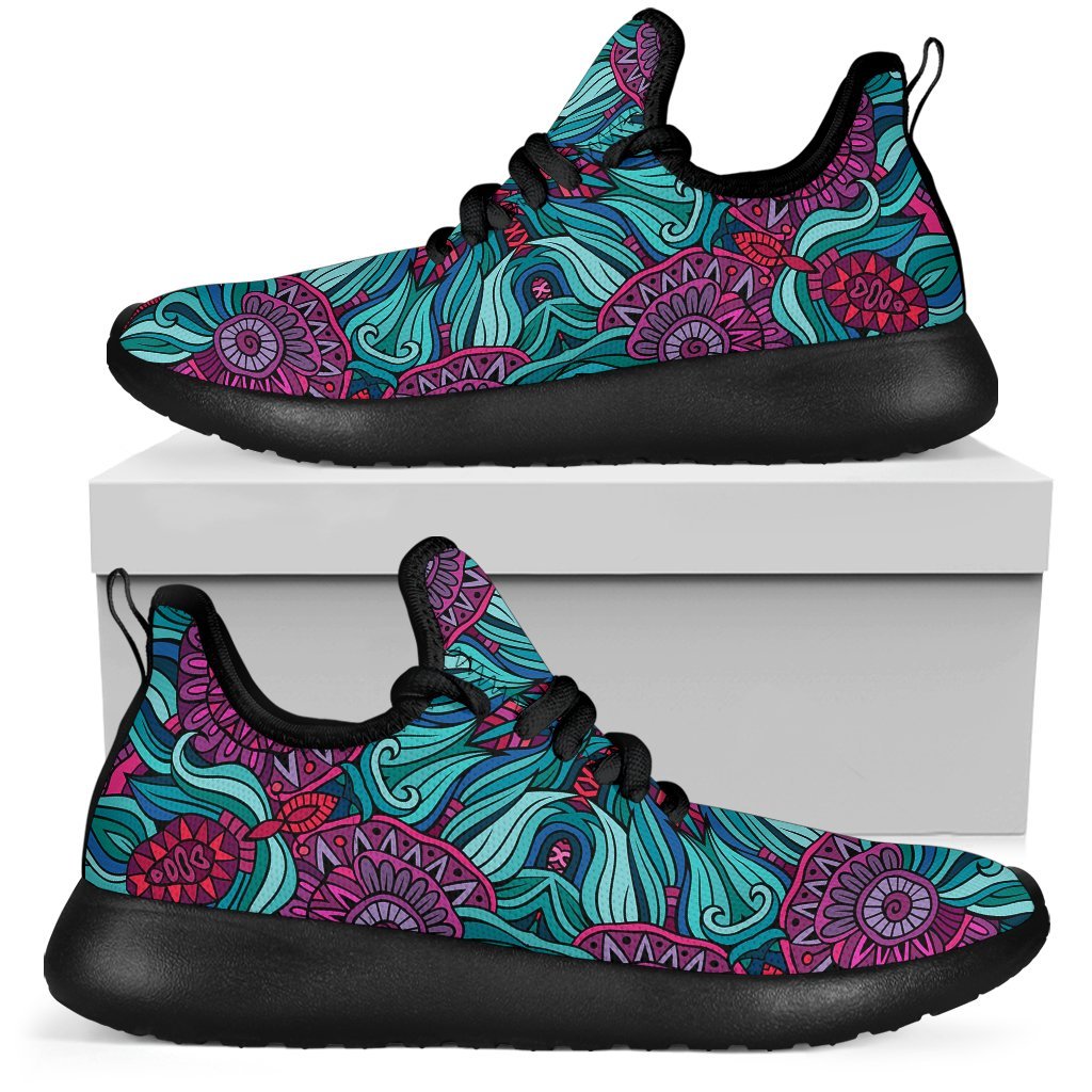 Ethnic Teal Bohemian Pattern Print Mesh Knit Shoes GearFrost