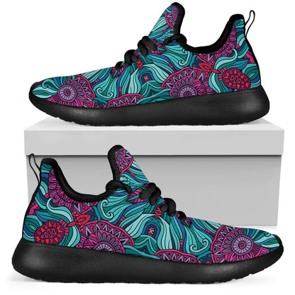 Ethnic Teal Bohemian Pattern Print Mesh Knit Shoes GearFrost