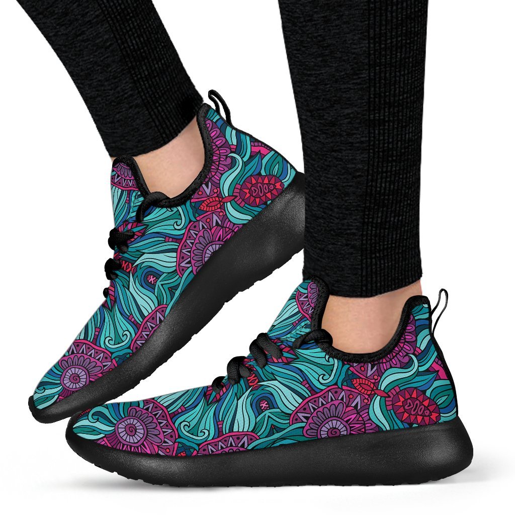 Ethnic Teal Bohemian Pattern Print Mesh Knit Shoes GearFrost