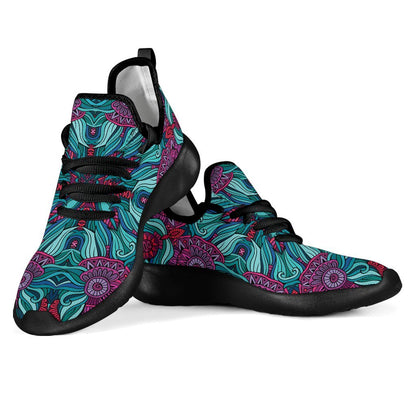 Ethnic Teal Bohemian Pattern Print Mesh Knit Shoes GearFrost