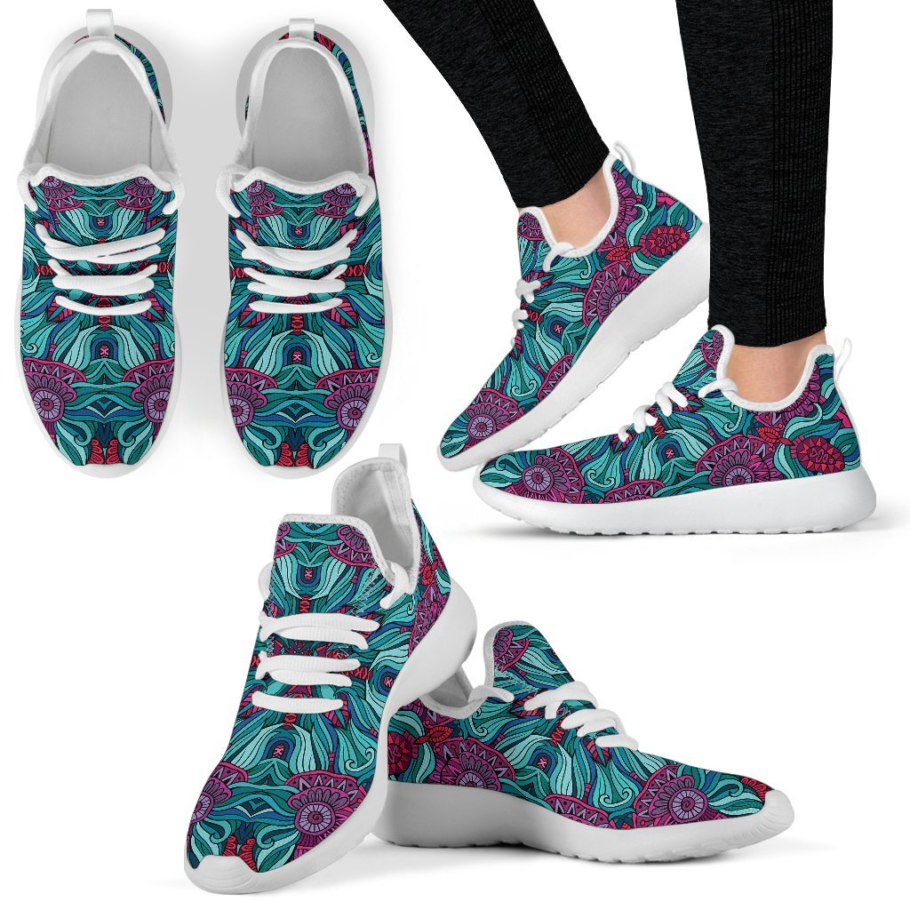 Ethnic Teal Bohemian Pattern Print Mesh Knit Shoes GearFrost