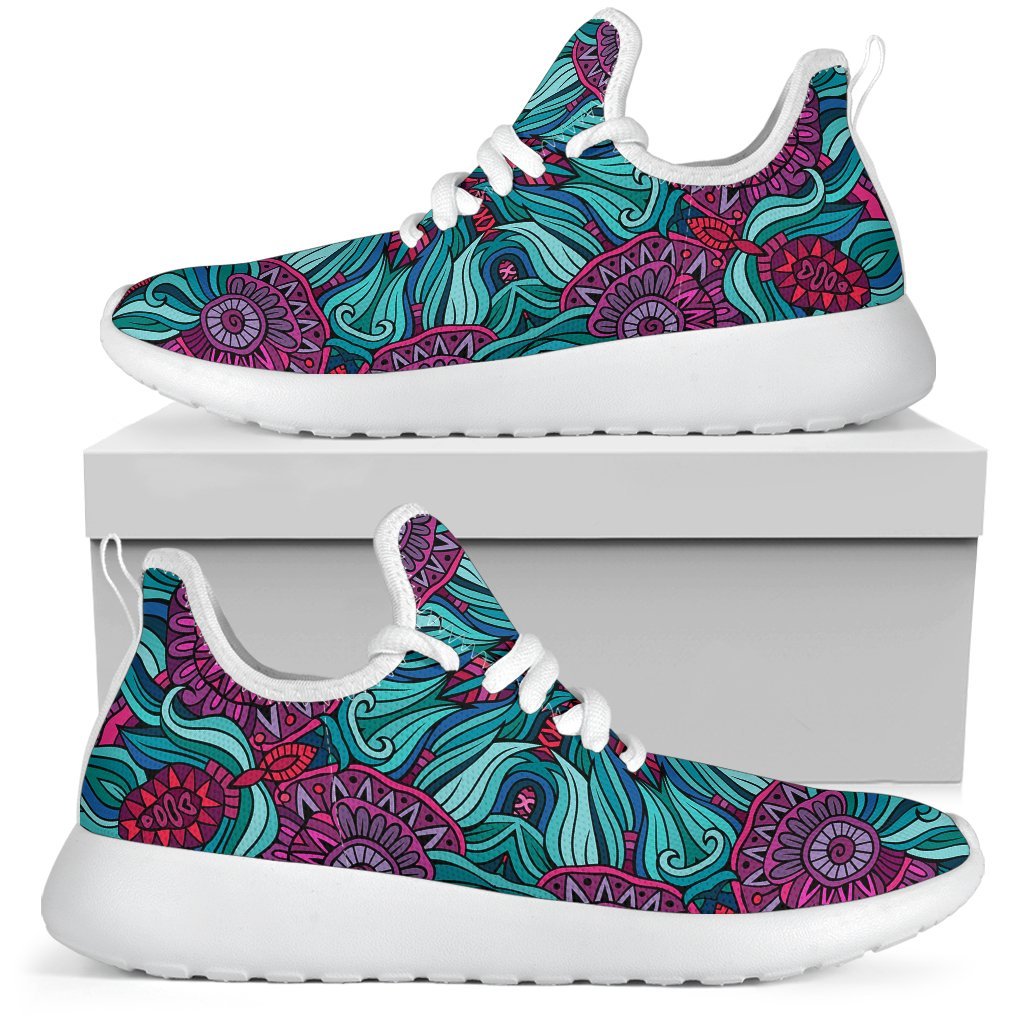 Ethnic Teal Bohemian Pattern Print Mesh Knit Shoes GearFrost