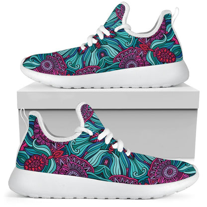 Ethnic Teal Bohemian Pattern Print Mesh Knit Shoes GearFrost