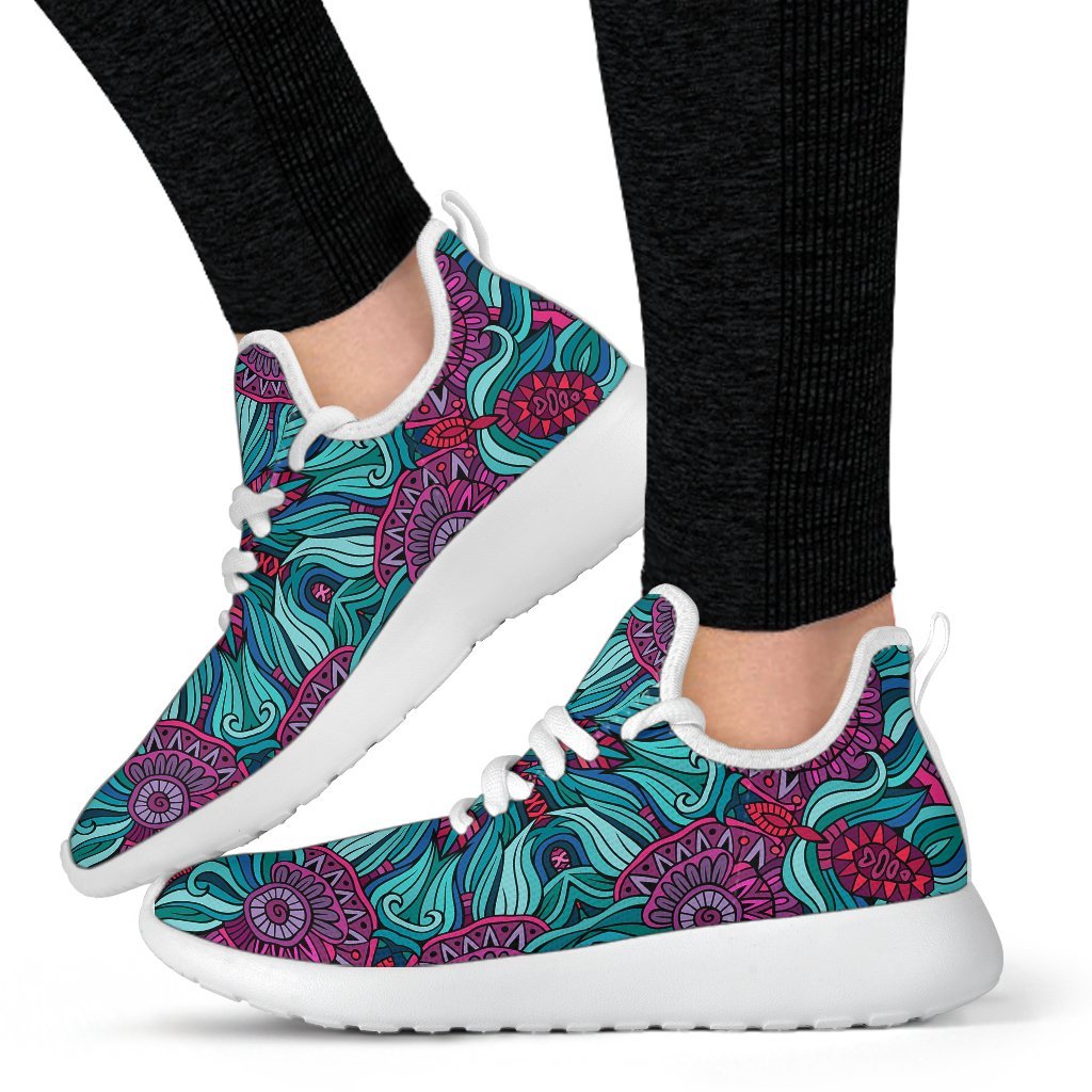 Ethnic Teal Bohemian Pattern Print Mesh Knit Shoes GearFrost
