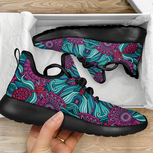 Ethnic Teal Bohemian Pattern Print Mesh Knit Shoes GearFrost