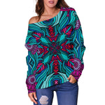 Ethnic Teal Bohemian Pattern Print Off Shoulder Sweatshirt GearFrost