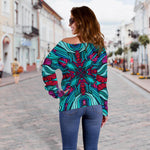 Ethnic Teal Bohemian Pattern Print Off Shoulder Sweatshirt GearFrost