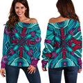 Ethnic Teal Bohemian Pattern Print Off The Shoulder Sweatshirt