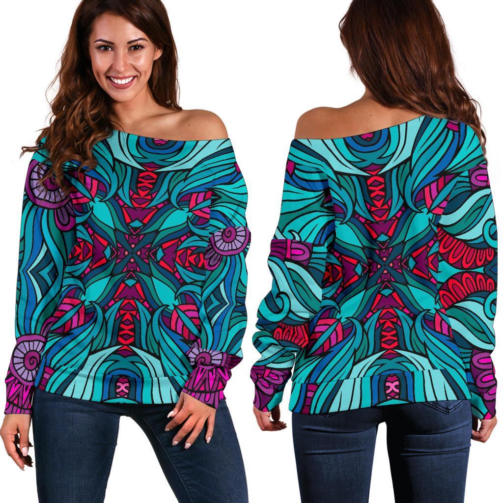 Ethnic Teal Bohemian Pattern Print Off Shoulder Sweatshirt GearFrost