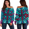 Ethnic Teal Bohemian Pattern Print Off Shoulder Sweatshirt GearFrost