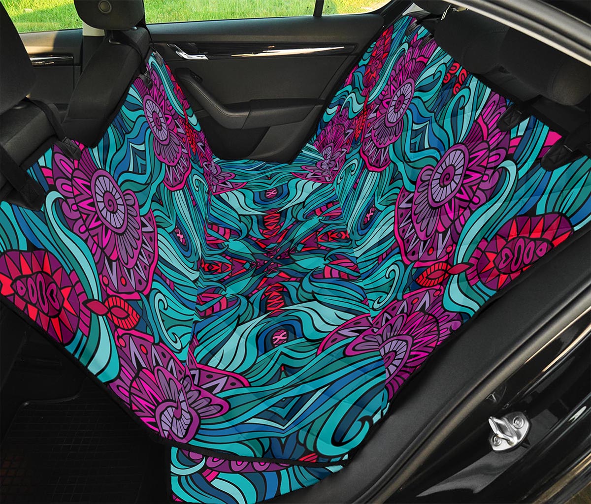 Ethnic Teal Bohemian Pattern Print Pet Car Back Seat Cover