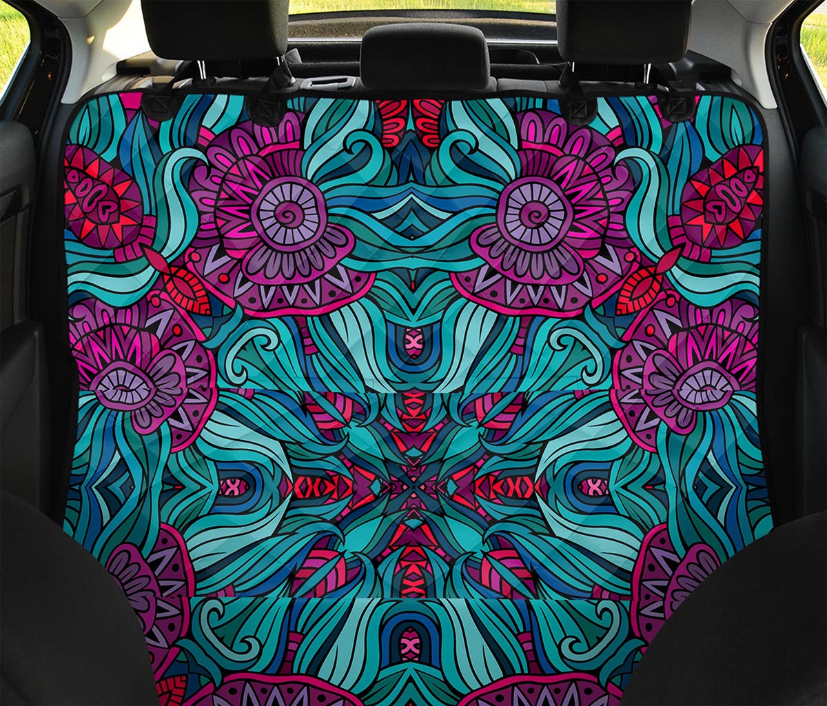 Ethnic Teal Bohemian Pattern Print Pet Car Back Seat Cover