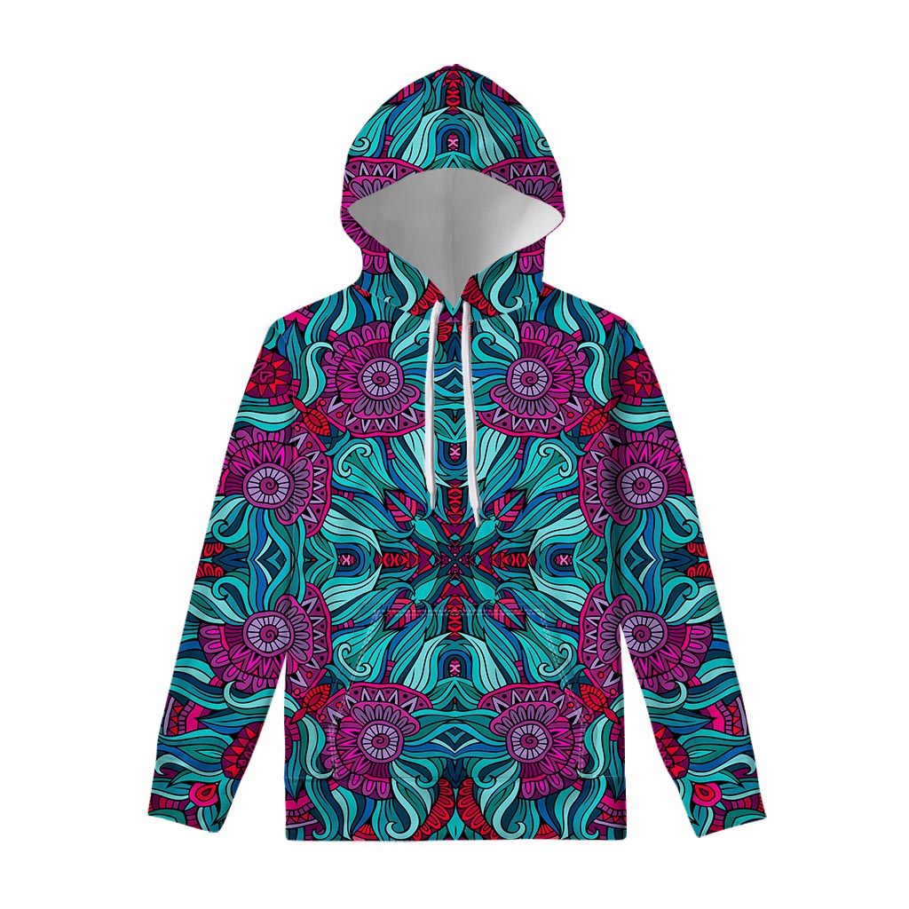 Ethnic Teal Bohemian Pattern Print Pullover Hoodie