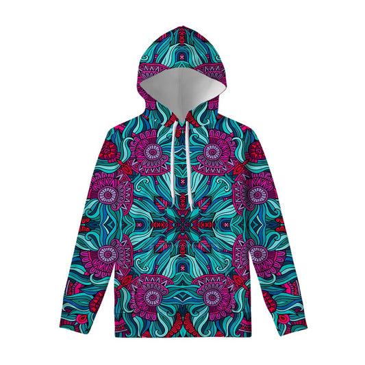 Ethnic Teal Bohemian Pattern Print Pullover Hoodie