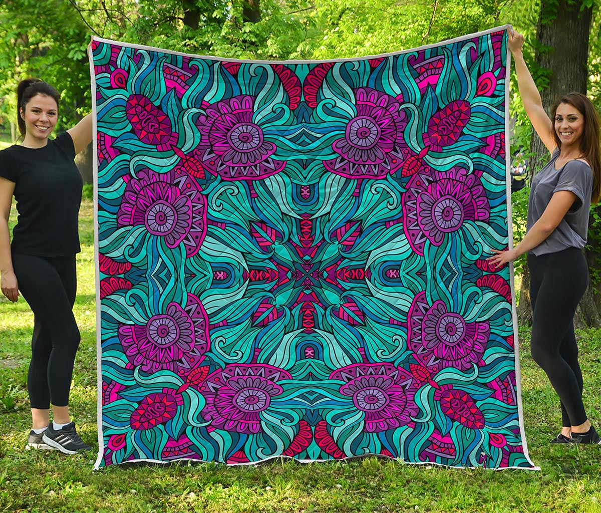 Ethnic Teal Bohemian Pattern Print Quilt