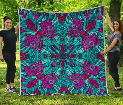 Ethnic Teal Bohemian Pattern Print Quilt