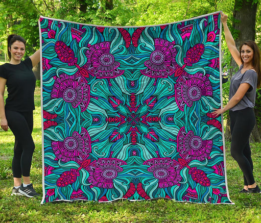 Ethnic Teal Bohemian Pattern Print Quilt