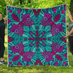 Ethnic Teal Bohemian Pattern Print Quilt