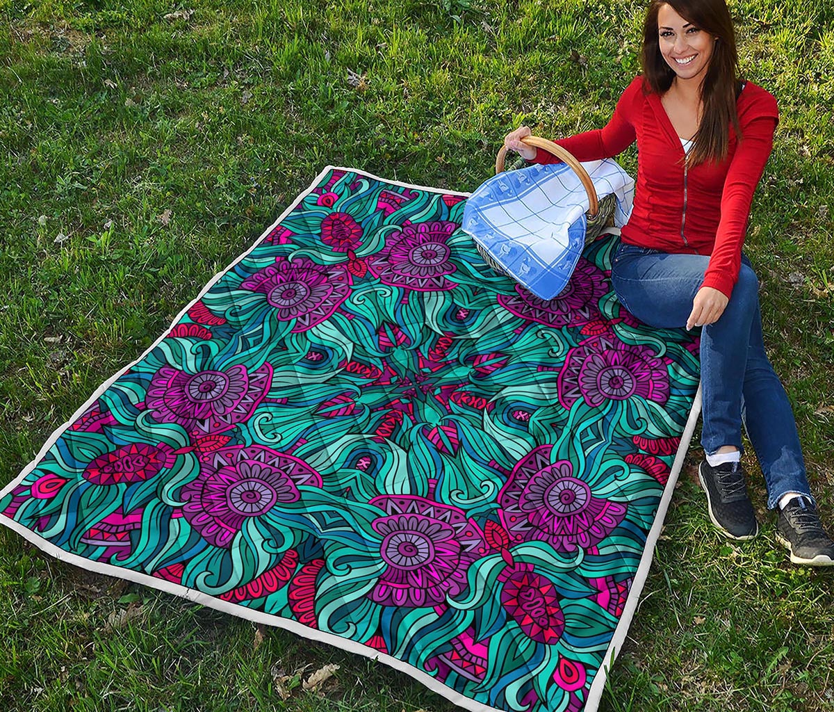 Ethnic Teal Bohemian Pattern Print Quilt