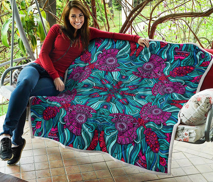 Ethnic Teal Bohemian Pattern Print Quilt