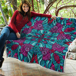 Ethnic Teal Bohemian Pattern Print Quilt