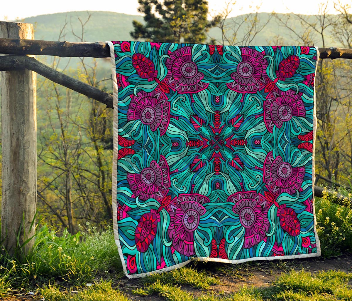 Ethnic Teal Bohemian Pattern Print Quilt