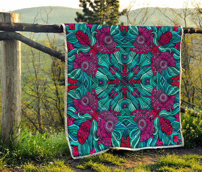 Ethnic Teal Bohemian Pattern Print Quilt