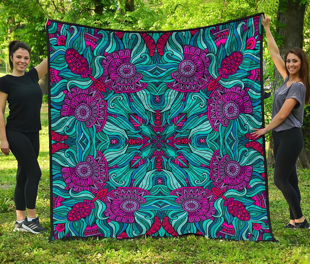Ethnic Teal Bohemian Pattern Print Quilt