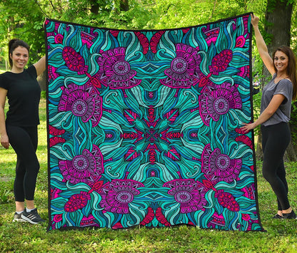 Ethnic Teal Bohemian Pattern Print Quilt