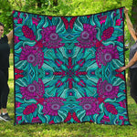 Ethnic Teal Bohemian Pattern Print Quilt