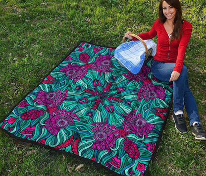Ethnic Teal Bohemian Pattern Print Quilt