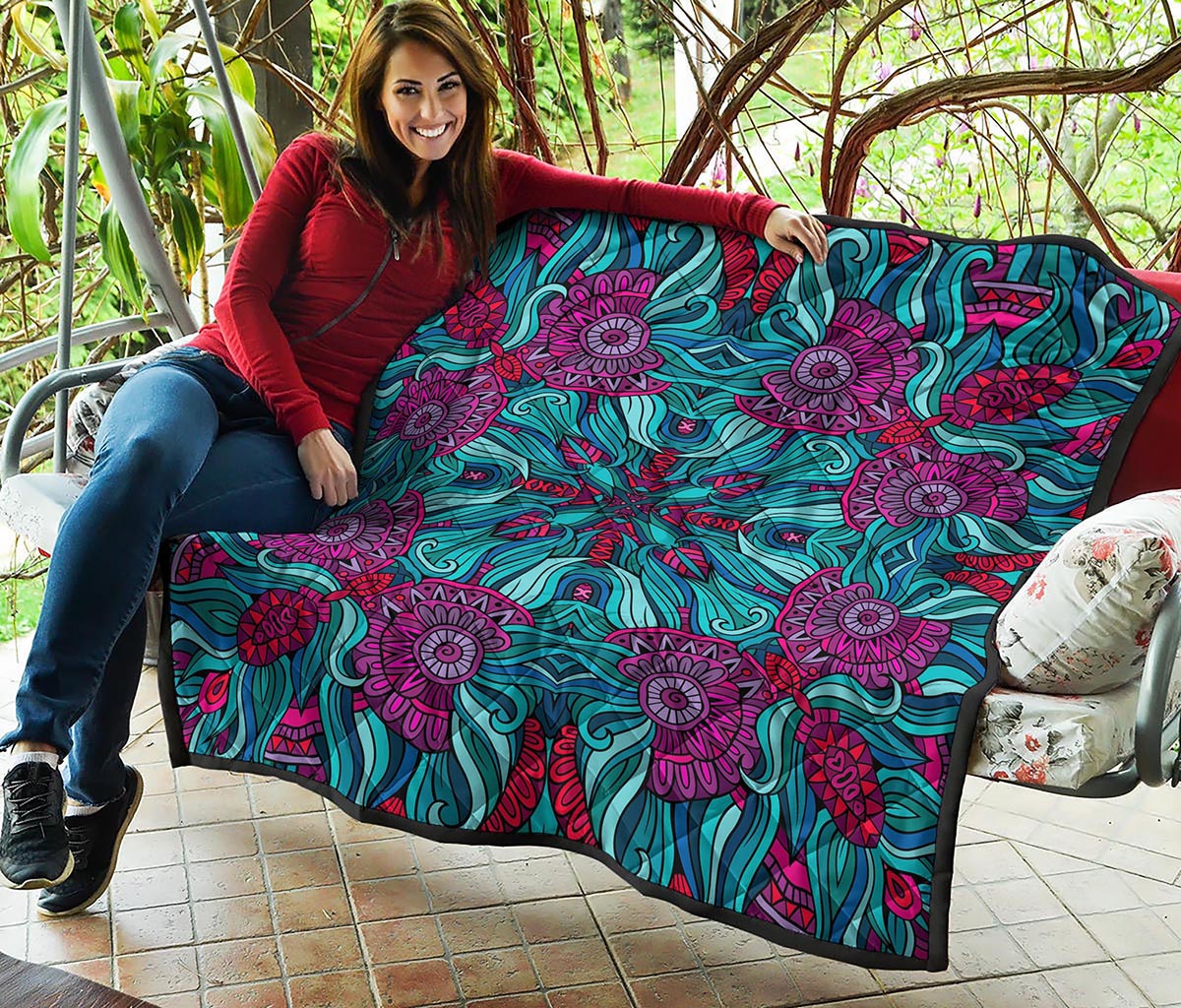 Ethnic Teal Bohemian Pattern Print Quilt