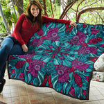 Ethnic Teal Bohemian Pattern Print Quilt