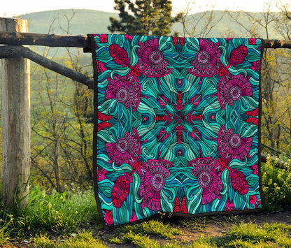 Ethnic Teal Bohemian Pattern Print Quilt