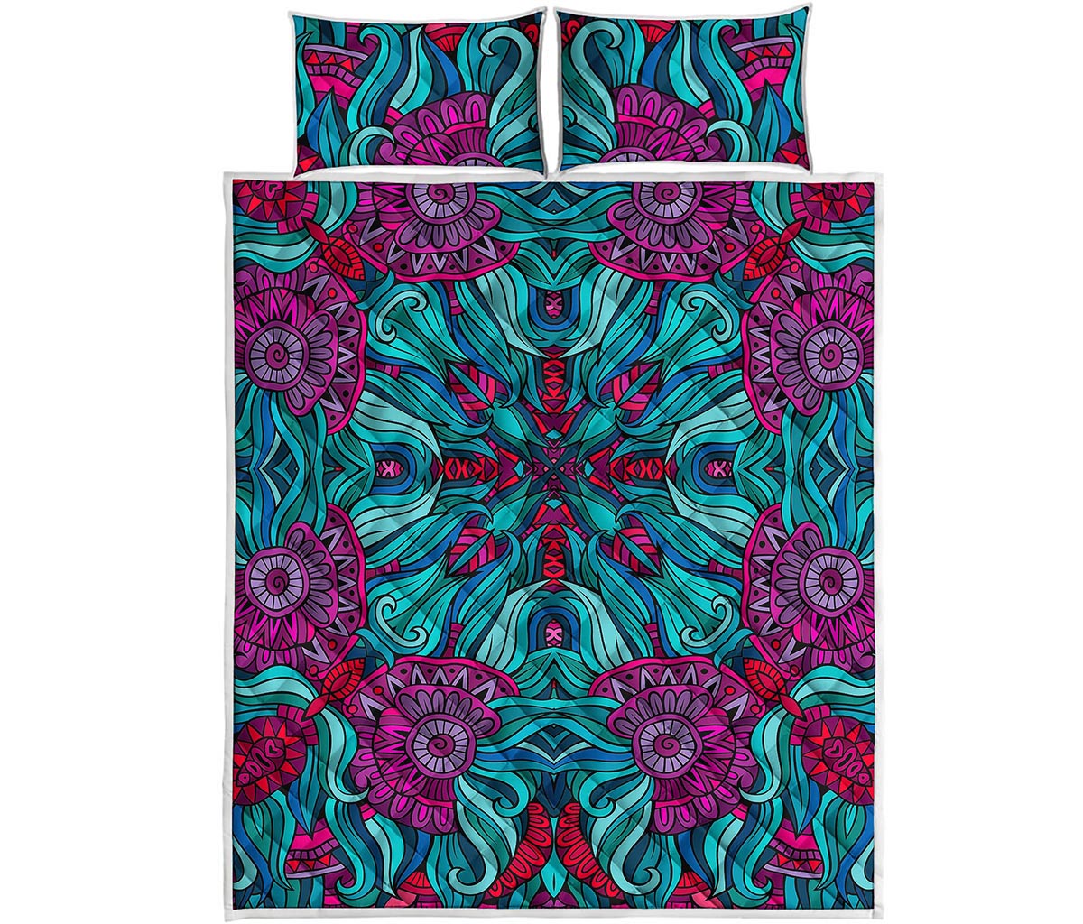 Ethnic Teal Bohemian Pattern Print Quilt Bed Set